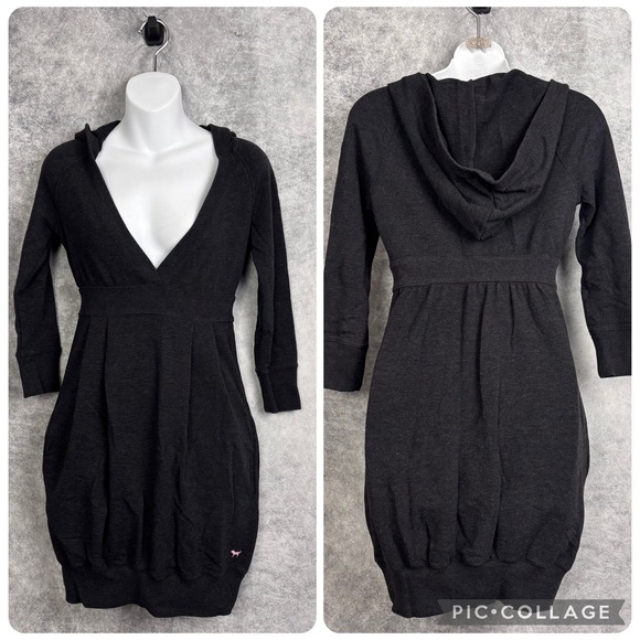 PINK Victoria's Secret Dresses & Skirts - Victoria's Secret PINK Y2K Hooded Pullover Gray 3/4 Sleeve Sweatshirt Dress VTG